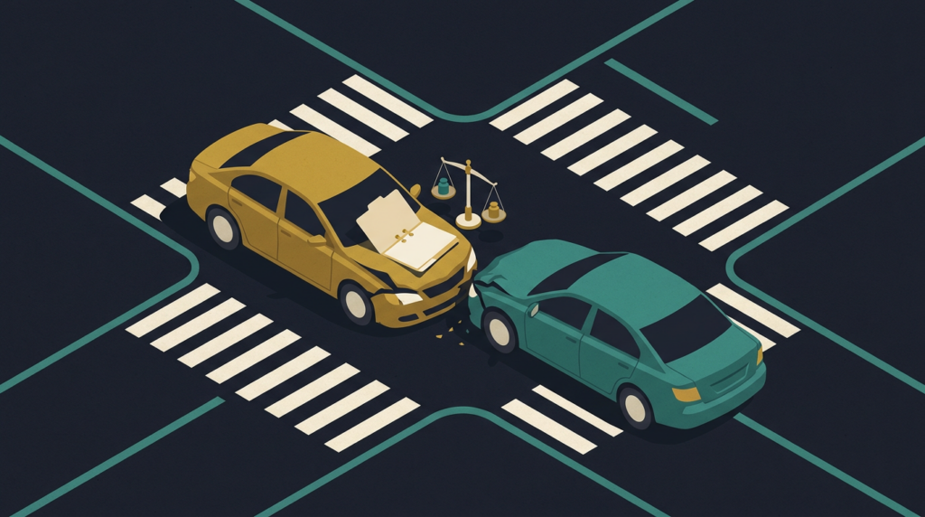 Two sedans after a collision with an insurance folder and balance scale - average car accident settlement amounts