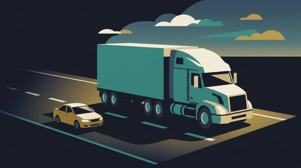 Semi truck towering beside a small sedan on a highway - average truck accident settlement