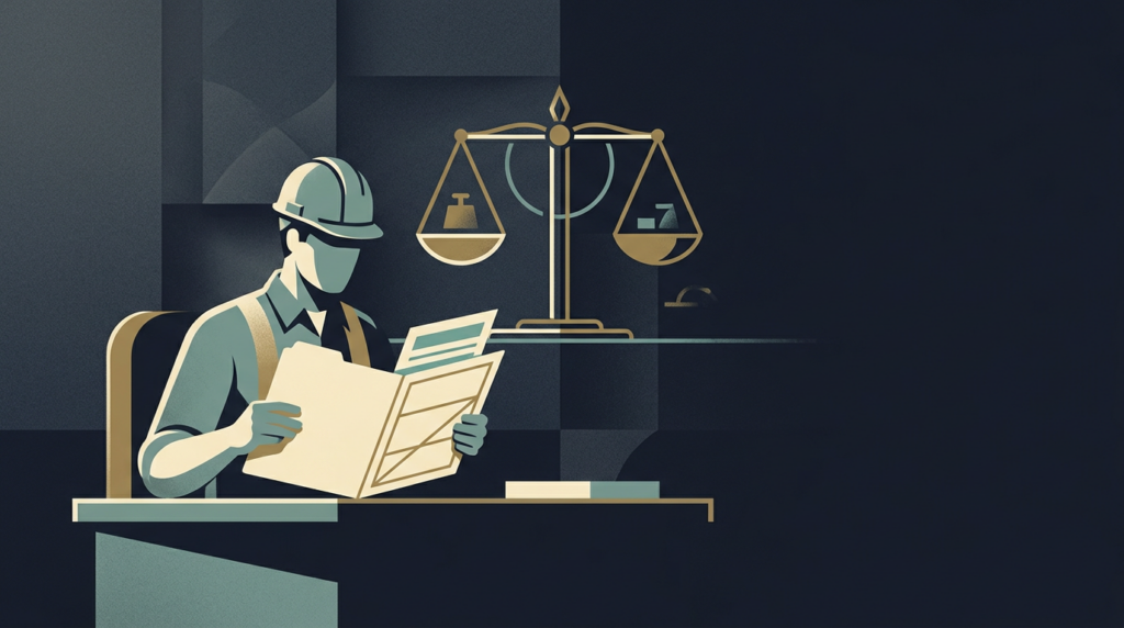 Factory worker in hard hat reviewing a claim folder - average workers comp settlement amounts