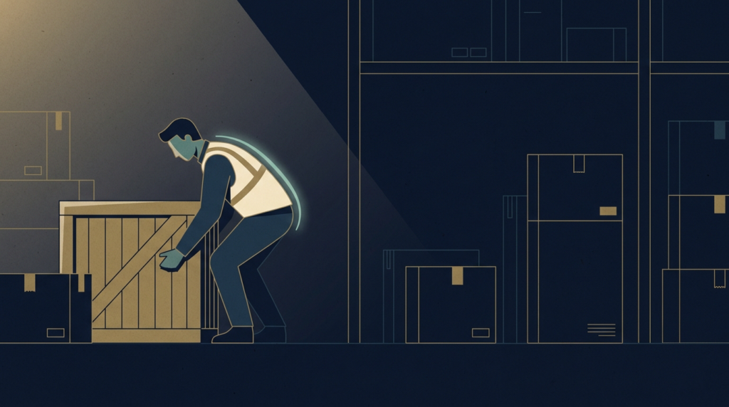 Worker lifting a crate with highlighted lower spine - back injury workers comp settlement