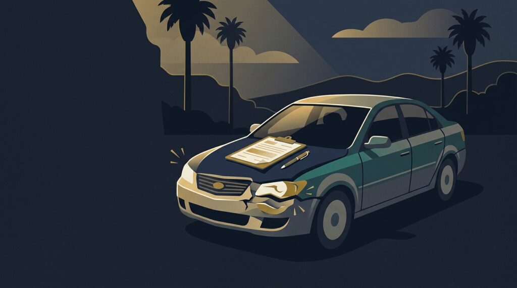 Editorial illustration of a damaged sedan with an insurance claim form on the hood on a quiet California street, representing a California car accident settlement