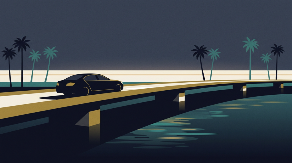 Sedan on a coastal Florida causeway with palms - car accident settlement in Florida