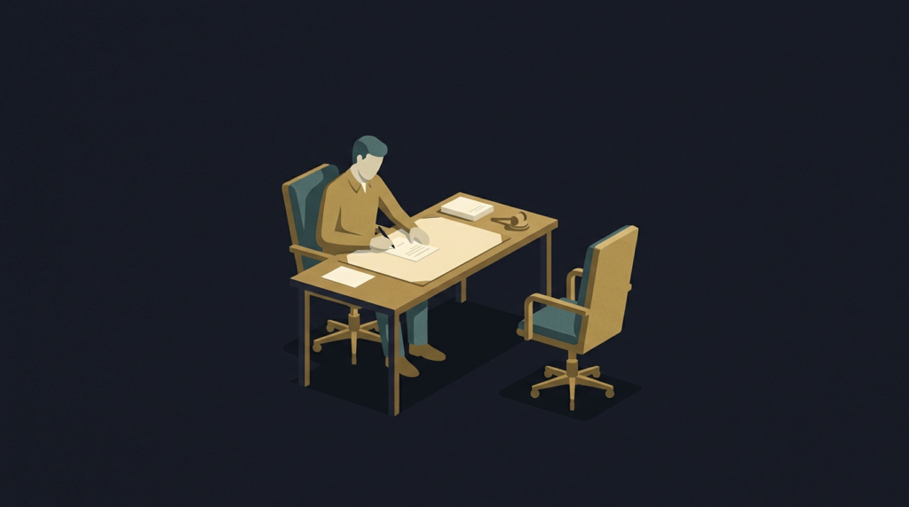 Person signing settlement papers across an empty attorney chair - settling a claim without a lawyer