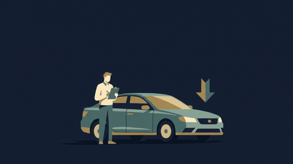 Appraiser inspecting a repaired sedan with a downward value arrow - diminished value claim