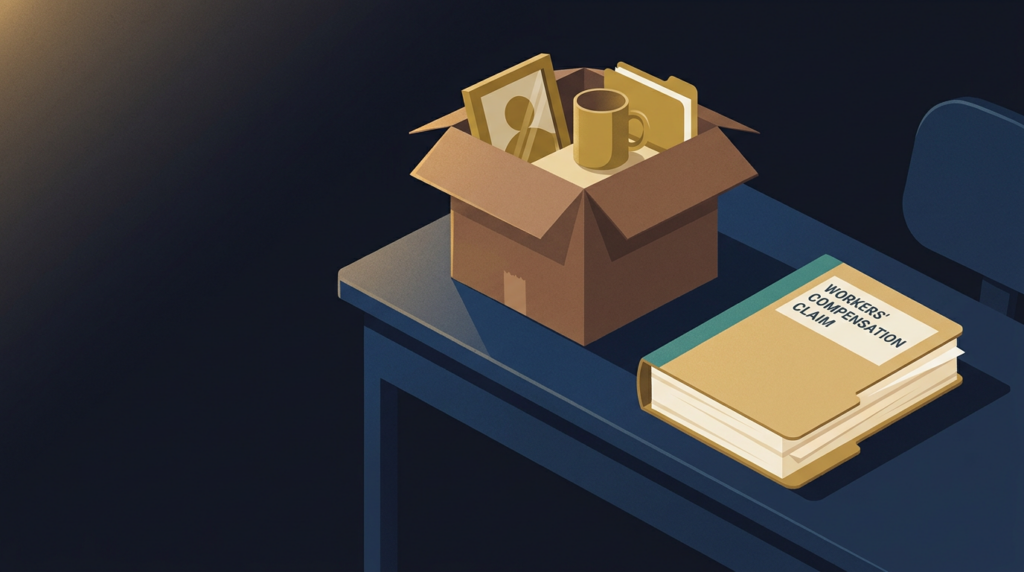 Desk with a box of belongings and a comp claim folder - fired while on workers comp