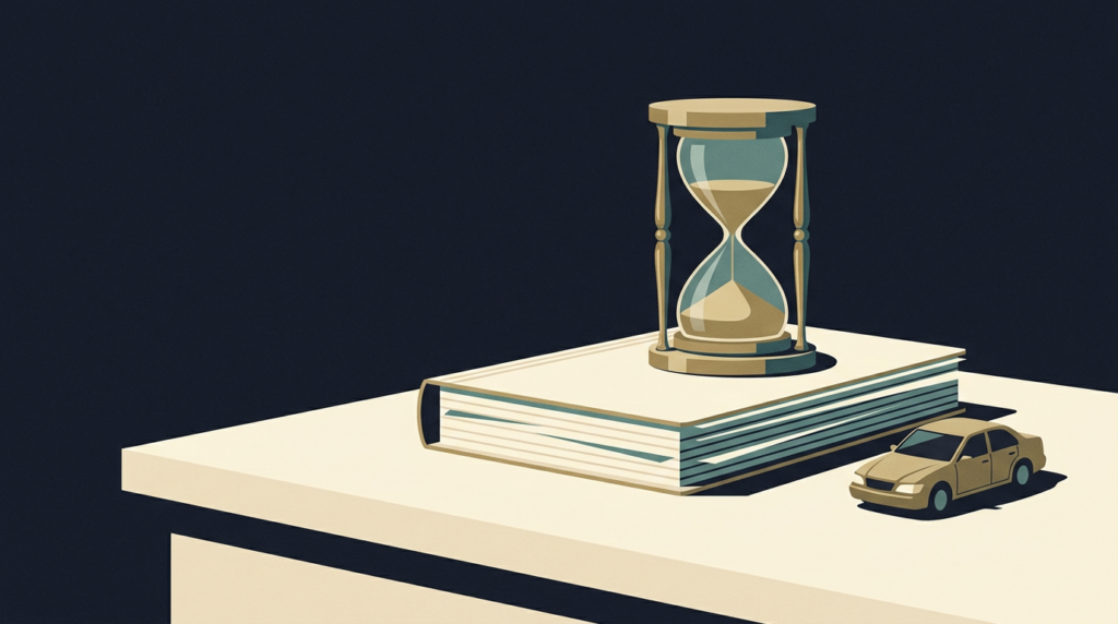 Hourglass on an insurance claim file beside a model car - car accident settlement timeline