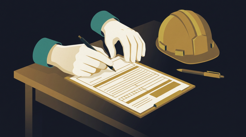 Hands completing an official claim form beside a hard hat - how to file a workers comp claim
