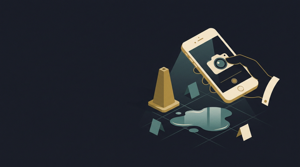 Phone photographing a wet floor with evidence markers - how to prove a slip and fall case