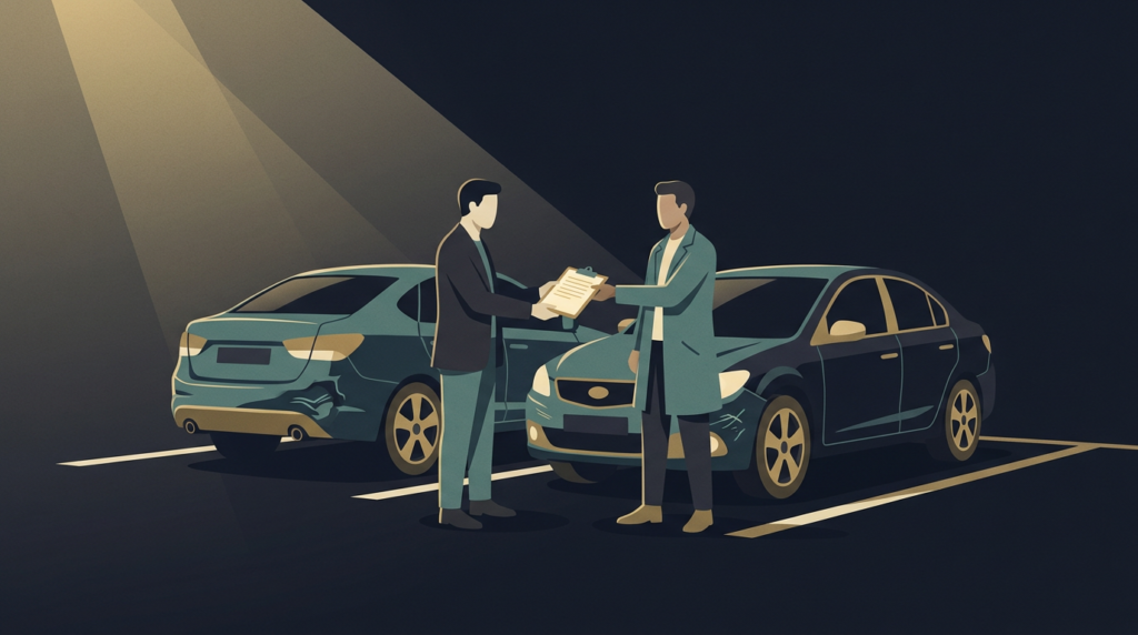 Drivers exchanging insurance papers beside cars with minor damage - minor car accident settlement
