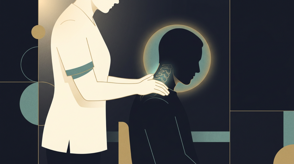 Therapist examining a worker neck with highlighted vertebrae - neck injury workers comp settlement