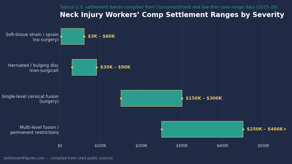 Bar chart of neck injury workers' comp settlement ranges by severity: strain $3,000-$60,000, herniated disc $30,000-$90,000, single-level fusion $150,000-$300,000, multi-level fusion $250,000-$400,000-plus