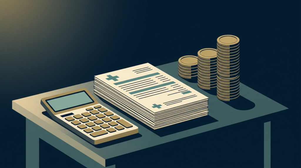 Calculator, medical bills and rising coin columns - pain and suffering multiplier method