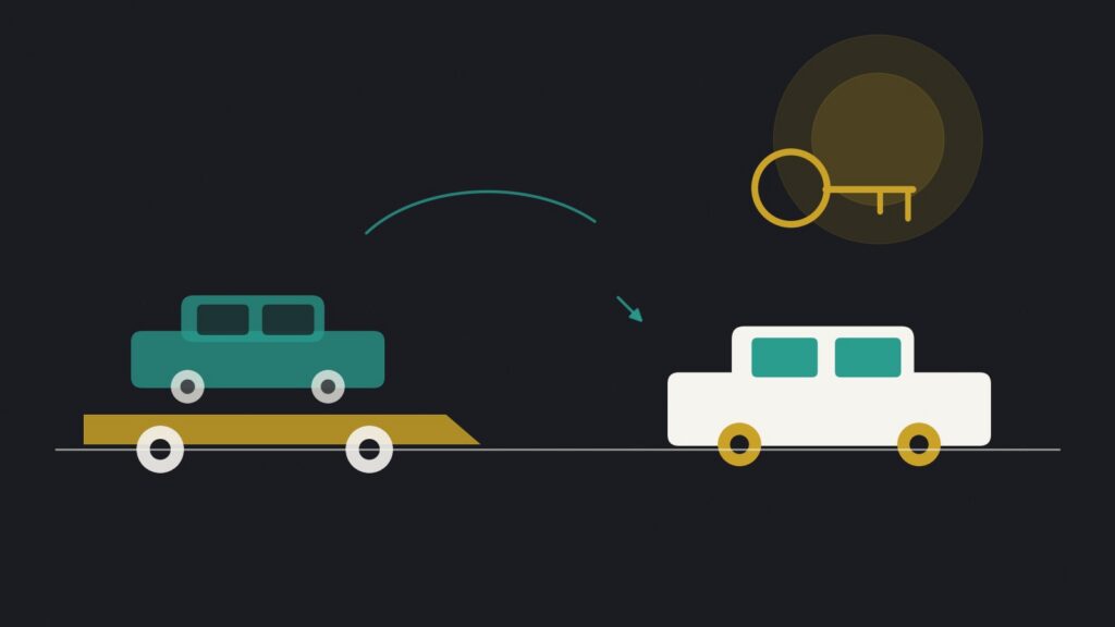 Illustration of a damaged car on a flatbed tow truck next to a rental car with keys after an accident