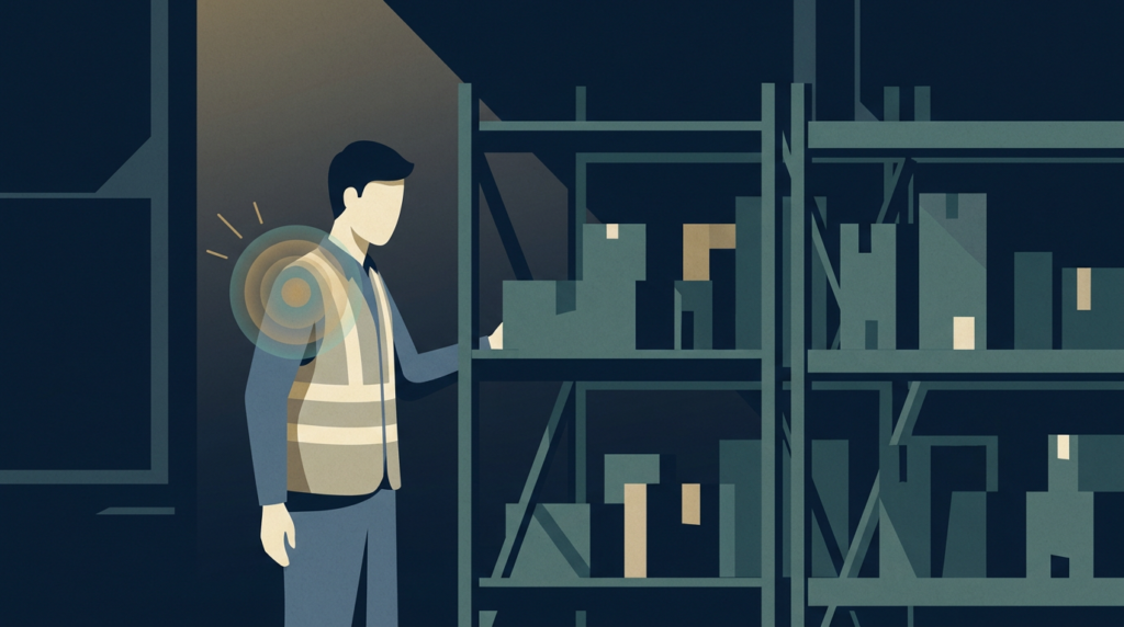 Warehouse worker with highlighted shoulder joint - shoulder injury workers comp settlement