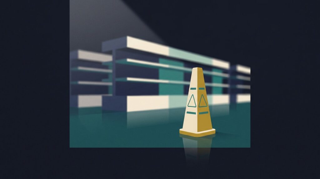 Yellow wet-floor caution cone on the polished floor of a quiet store aisle, illustrating a slip and fall in store claim