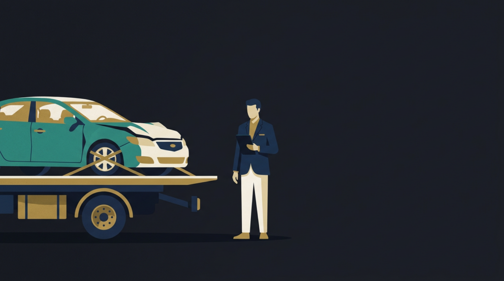Damaged sedan on a flatbed tow truck with an adjuster nearby - total loss payout negotiation