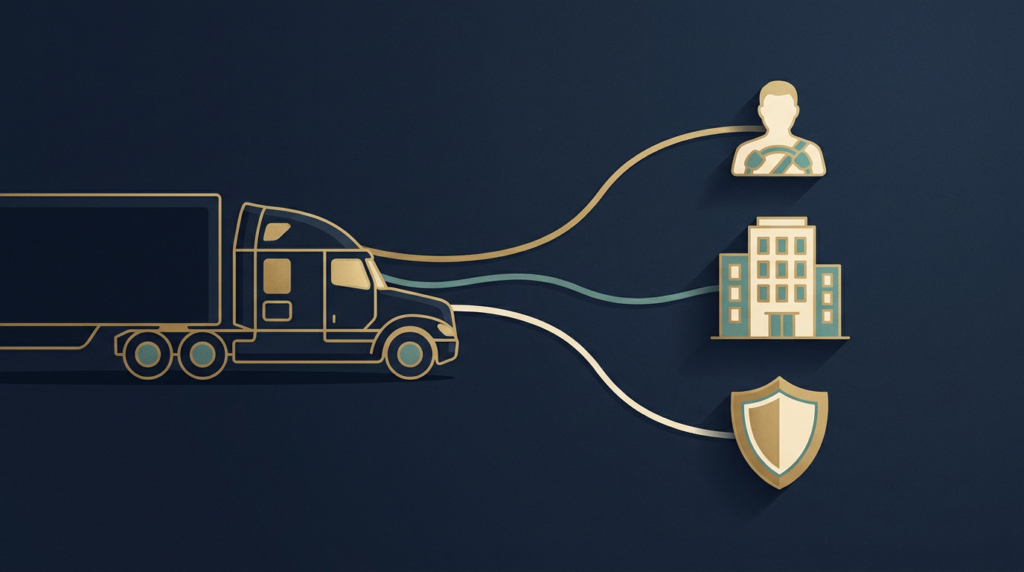 Semi truck linked to driver, company and insurer symbols - who is liable in a truck accident