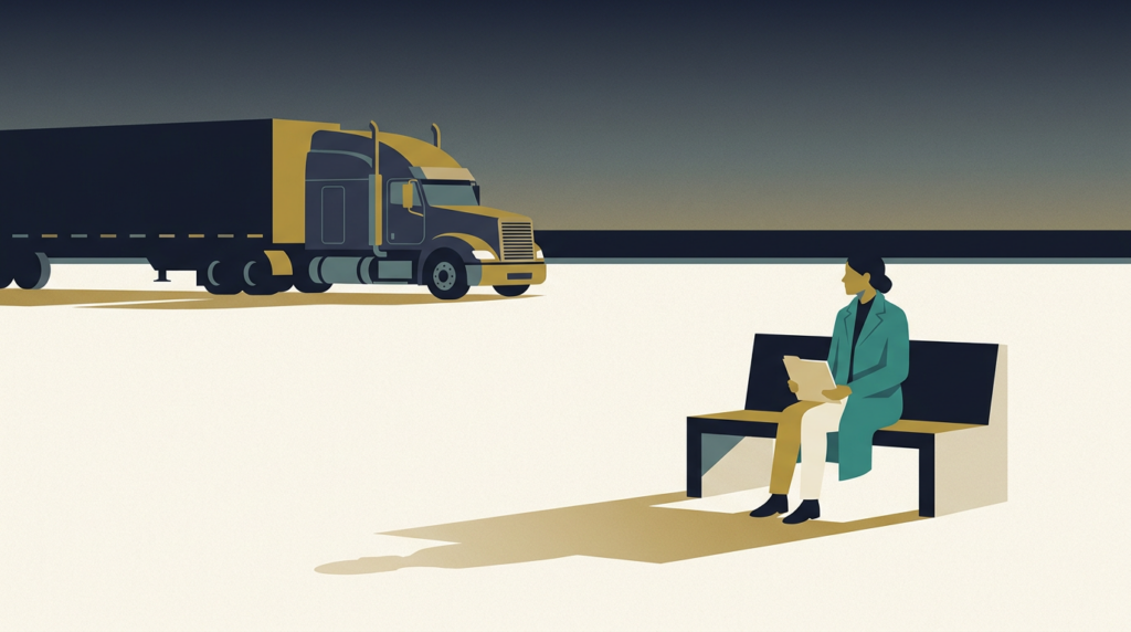 Injured woman waiting on a bench with a claim folder while a parked semi-truck sits in the distance, illustrating the truck accident settlement timeline