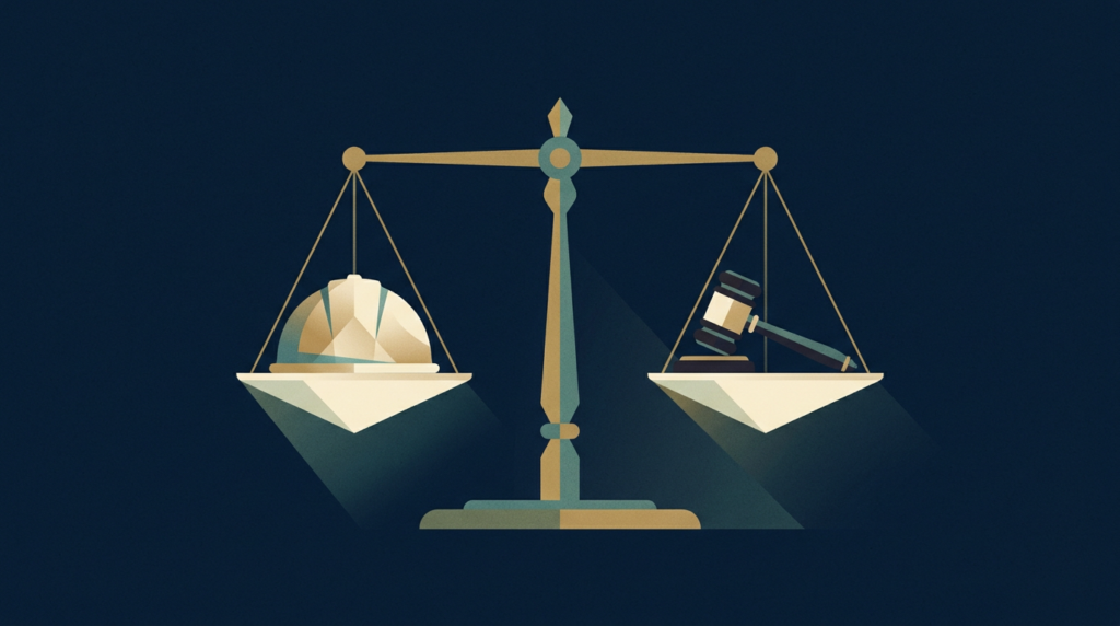 Balance scale weighing a hard hat and a gavel - workers comp vs personal injury lawsuit