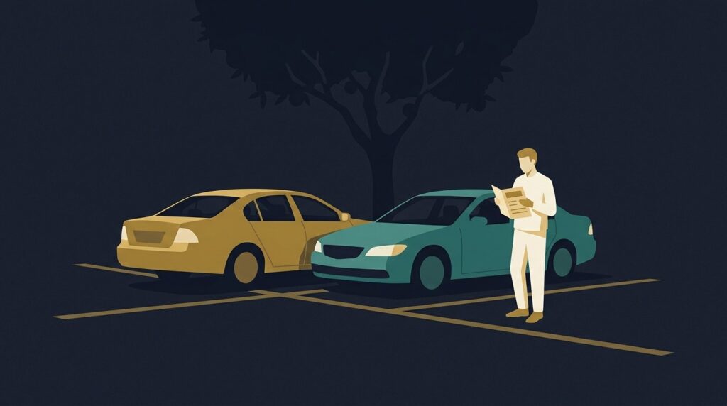 Two drivers beside their cars after a minor collision on a tree-lined Georgia road, one reviewing an insurance document — car accident settlement in Georgia
