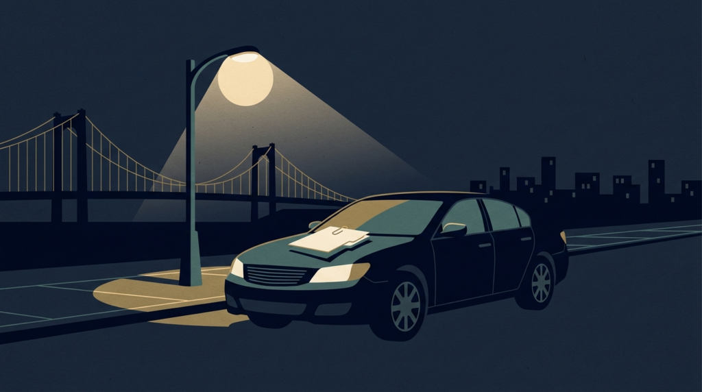Illustration of a parked sedan under a streetlamp near a New York bridge at night, representing a car accident settlement in New York