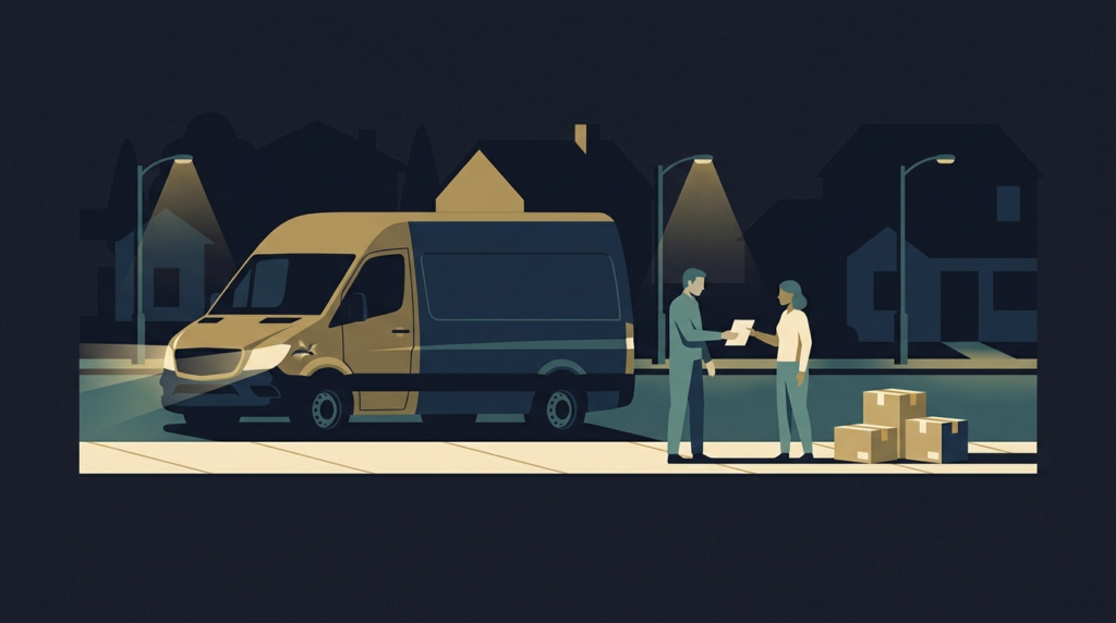 Editorial illustration of a delivery van accident claim: two drivers calmly exchanging insurance paperwork beside a dented delivery van on a residential street