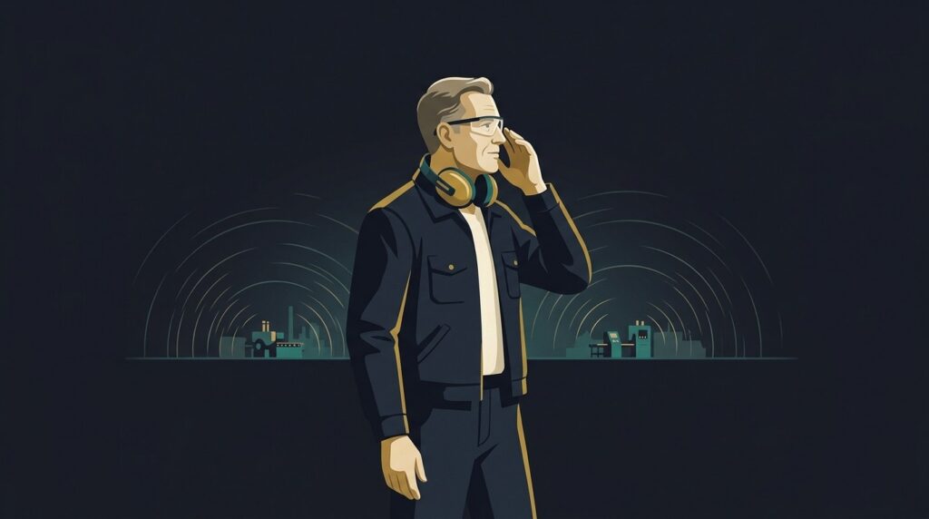 Illustration of an industrial worker with hearing protection around his neck raising a hand to his ear, representing a hearing loss workers' comp claim