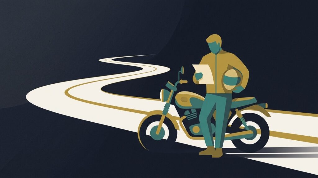 Illustration of a motorcyclist standing beside a parked motorcycle at dusk reviewing an insurance document, representing a motorcycle accident settlement