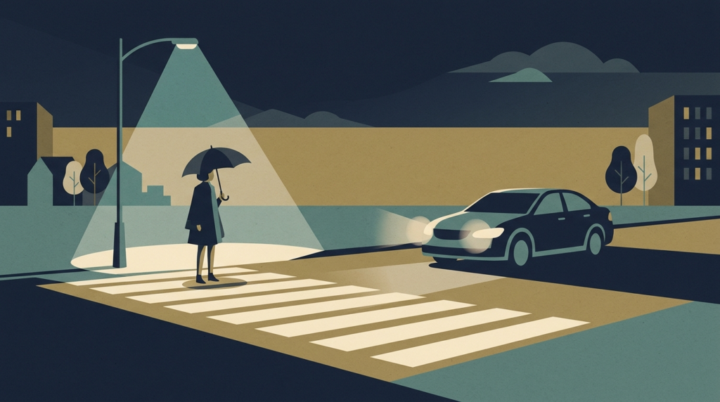 Illustration of a pedestrian waiting at a marked crosswalk while a car stops at dusk, representing a pedestrian accident settlement claim