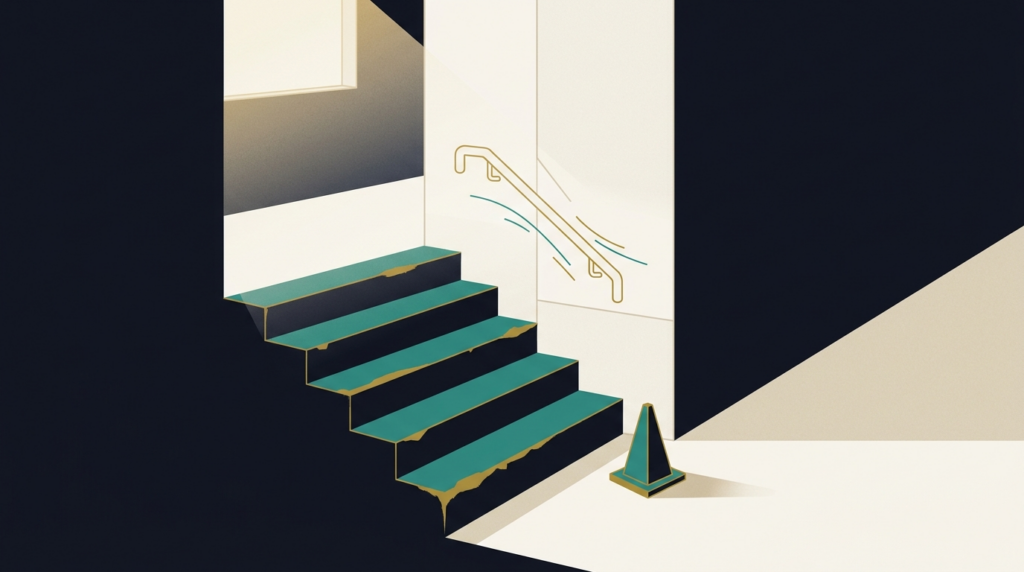 Editorial illustration of a worn apartment staircase with a loose handrail and a warning cone, representing a stairway fall settlement claim